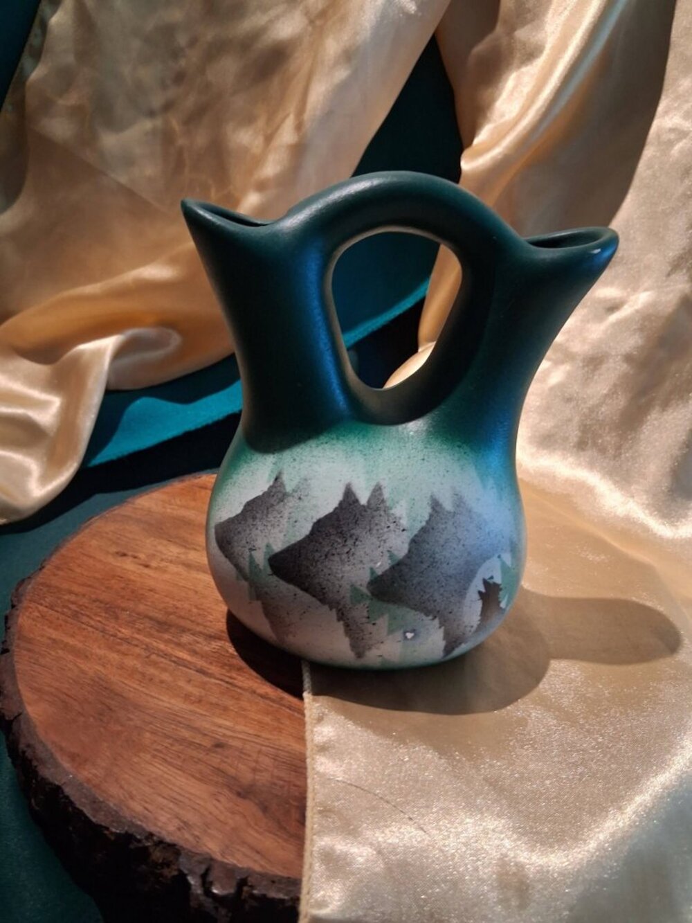 Vintage Southwestern Pottery Wedding Vase Teal Wolf & Wilderness Scene